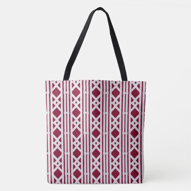 Stylish Burgundy Diamond Pattern on Silver Grey Tote Bag (Front)