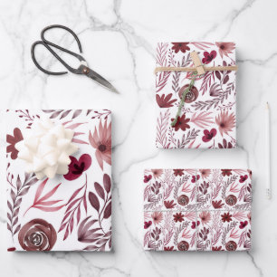 Stylish Burgundy Red Flowers Floral Watercolor Wrapping Paper Sheet