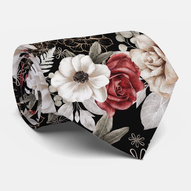 Stylish Burgundy Rose Black Floral Pattern Tie (Rolled)