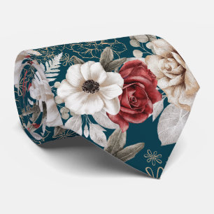 Stylish Burgundy Rose Blue Floral Pattern Tie