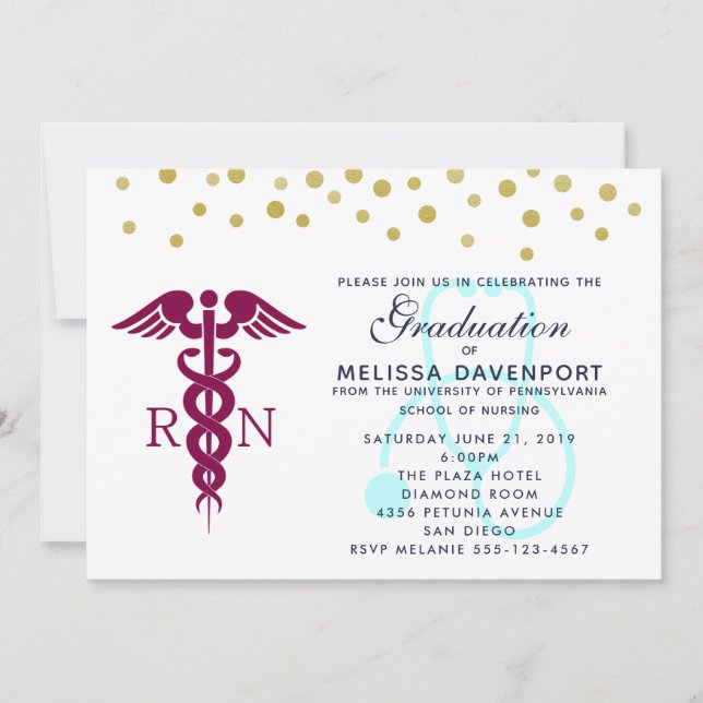 Stylish Caduceus and Stethoscope Nursing Graduate Invitation (Front)