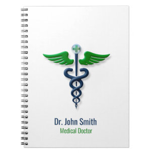 Stylish Caduceus Medical Green Wings Cross Blue Notebook