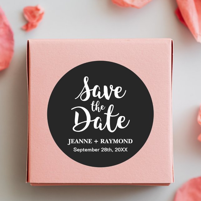 Stylish Calligraphy Black Wedding Save the Date Classic Round Sticker (Creator Uploaded)