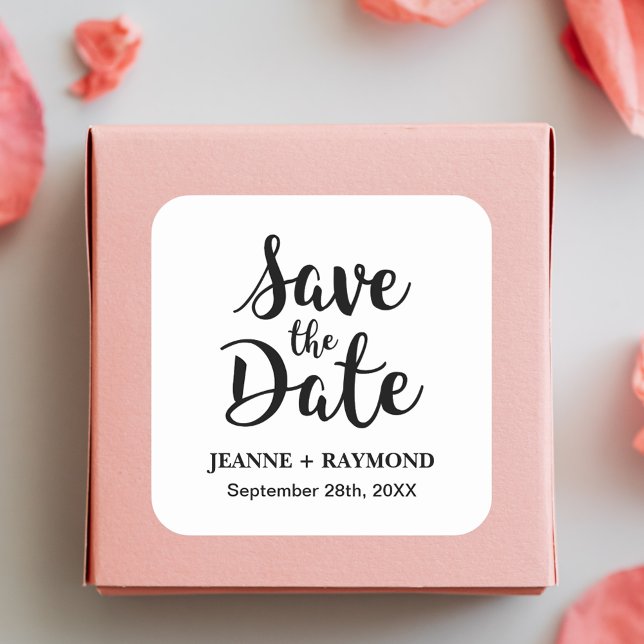 Stylish Calligraphy Custom Wedding Save the Date Square Sticker (Creator Uploaded)