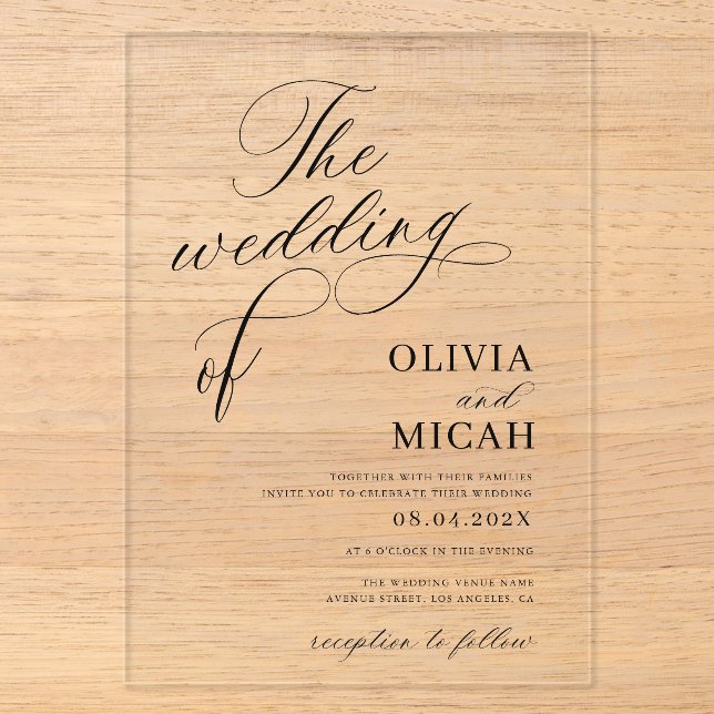 stylish calligraphy elegant black & white wedding acrylic invitations (Front)