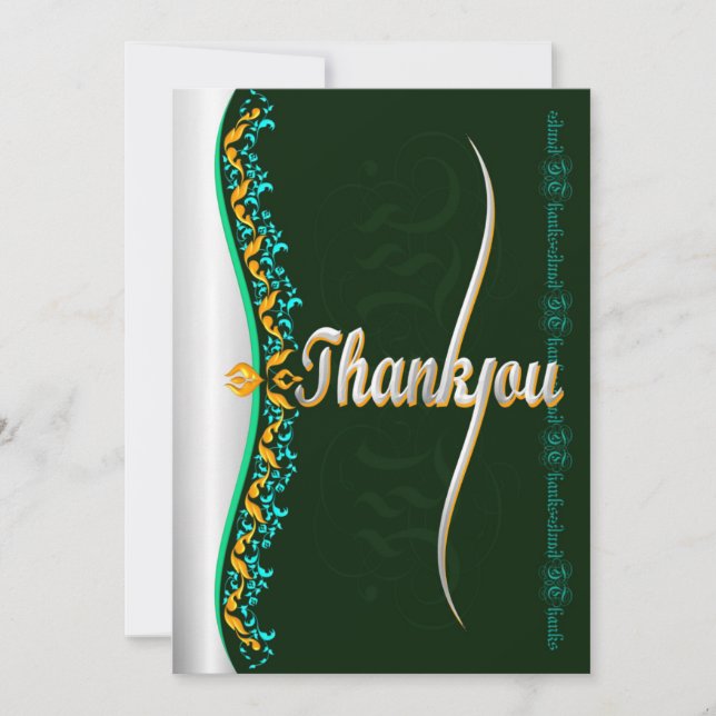 Stylish calligraphy in green and silver Thank You (Front)