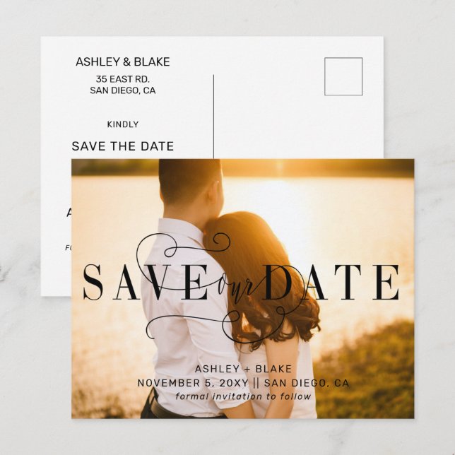 Stylish Calligraphy Photo Save the Date Announcement Postcard (Front/Back)