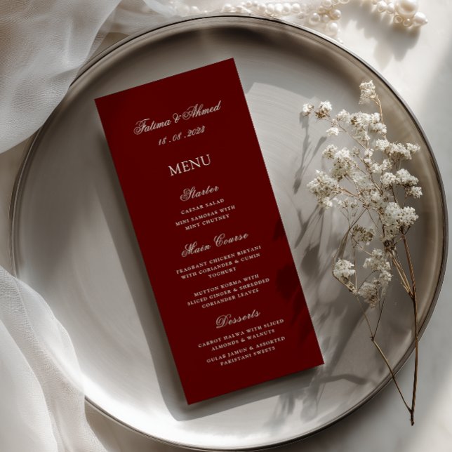 Stylish Calligraphy Script Burgundy Wedding Dinner Menu (Creator Uploaded)