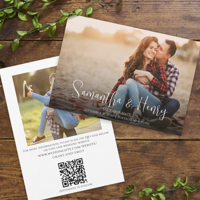 Stylish Calligraphy Two Photo Minimalist QR Code Invitation (Creator Uploaded)
