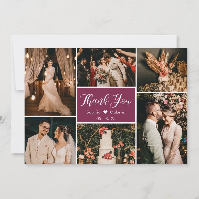 Stylish Callygraphy 6 Photo Collage Wedding Thank You Card (Front)