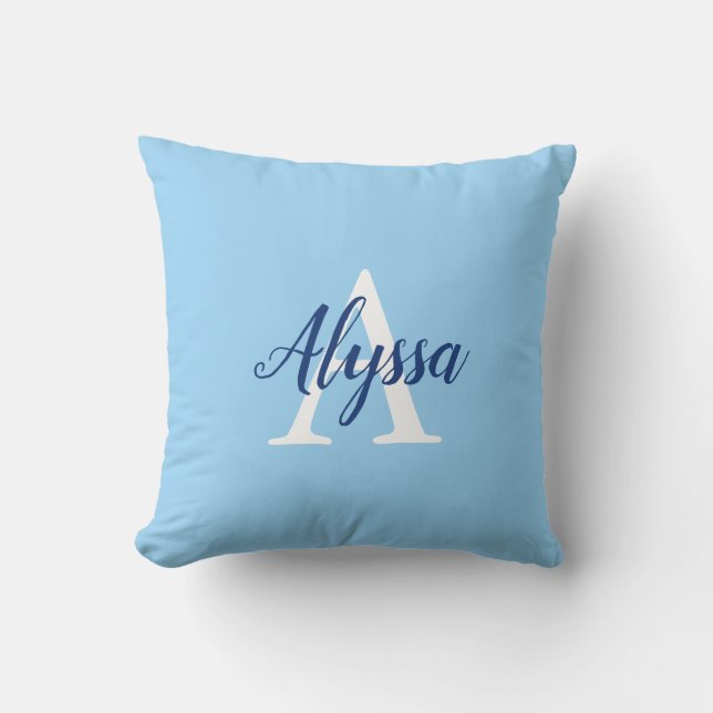 Stylish Calm Blue Monogram Script Throw Pillow (Front)