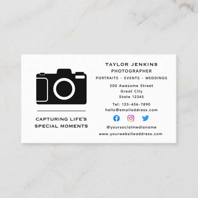 Stylish Camera Freelance Photographer Social Media Business Card (Front)
