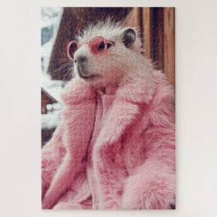 Stylish Capybara in Pink Fur Coat and Sunglasses Jigsaw Puzzle