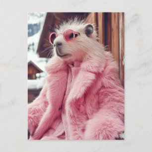 Stylish Capybara in Pink Fur Coat and Sunglasses  Postcard