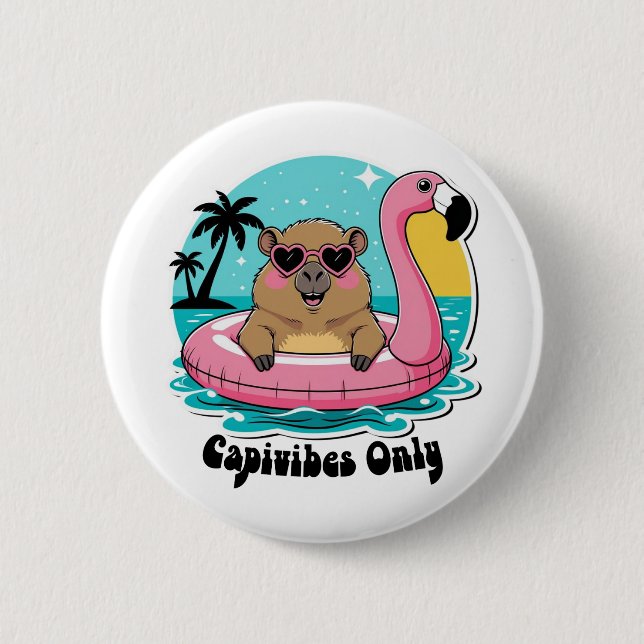 Stylish Capybara in Summer with Pink Flotation Dev 2 Inch Round Button (Front)