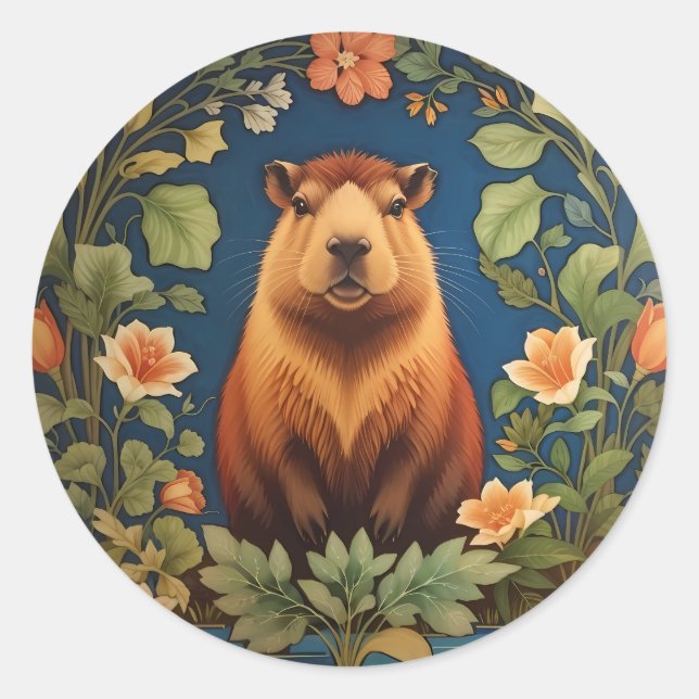 Stylish Capybara - Inspired by William Morris Classic Round Sticker (Front)