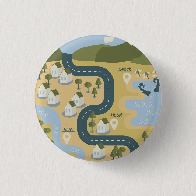 Stylish cartoon landscape vacation travel map 1 inch round button (Front)