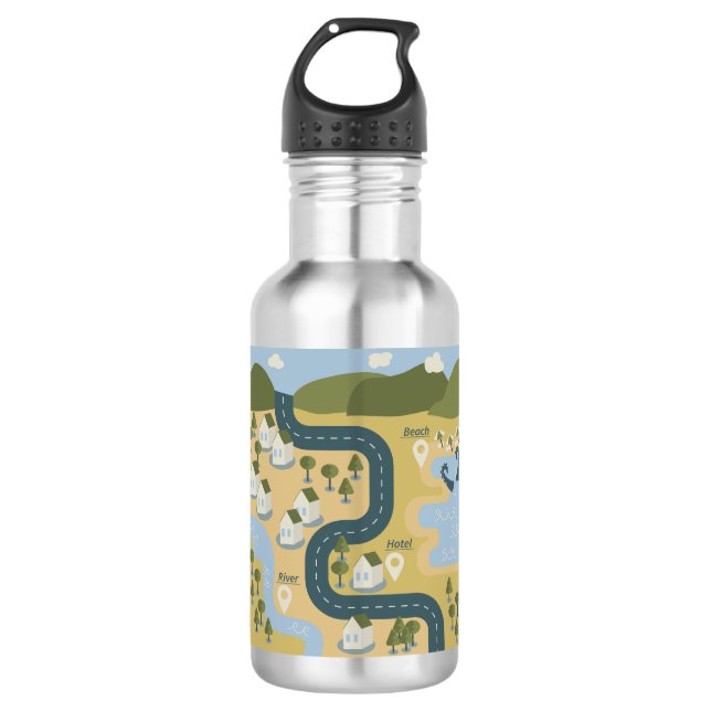 Stylish cartoon landscape vacation travel map 532 ml water bottle (Front)