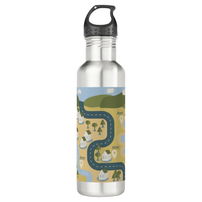 Stylish cartoon landscape vacation travel map 710 ml water bottle (Front)