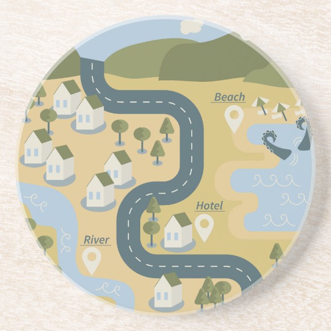 Stylish cartoon landscape vacation travel map coaster (Front)