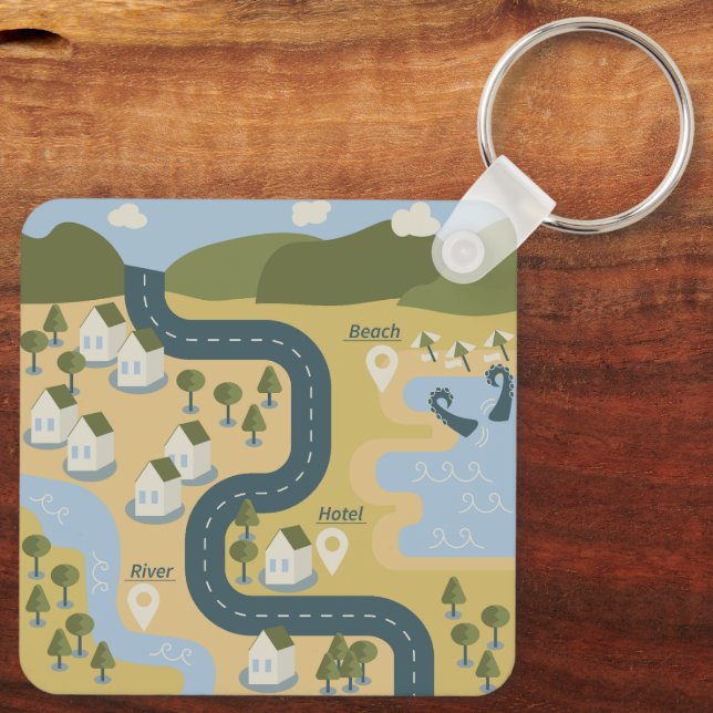 Stylish cartoon landscape vacation travel map keychain (Back)