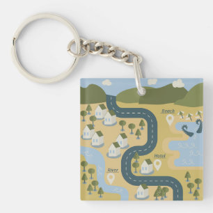 Stylish cartoon landscape vacation travel map keychain