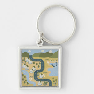 Stylish cartoon landscape vacation travel map keychain