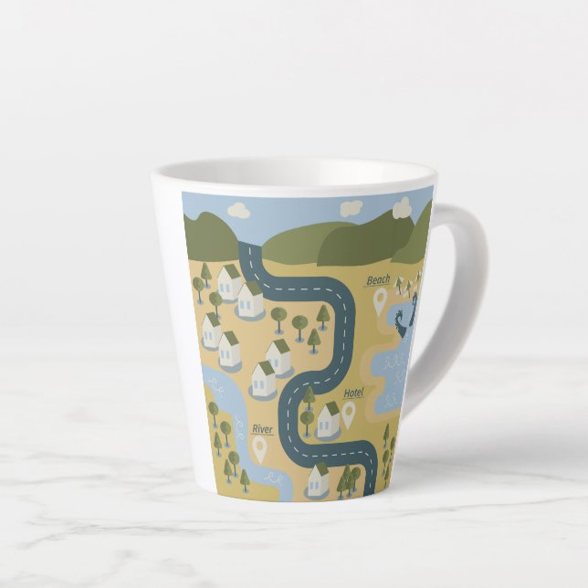 Stylish cartoon landscape vacation travel map latte mug (Right Angle)
