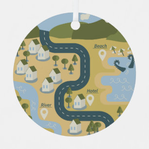 Stylish cartoon landscape vacation travel map metal ornament