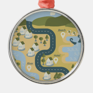 Stylish cartoon landscape vacation travel map metal ornament