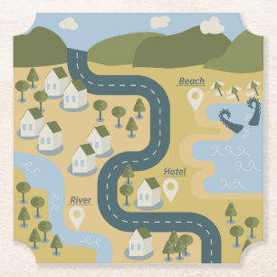 Stylish cartoon landscape vacation travel map paper coaster