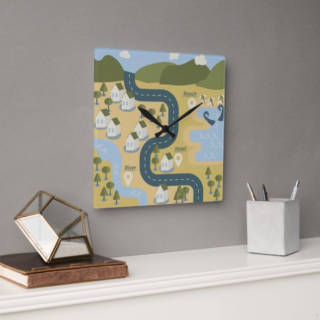 Stylish cartoon landscape vacation travel map square wall clock (Office)