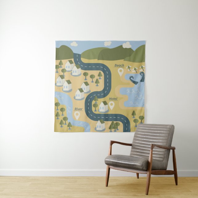 Stylish cartoon landscape vacation travel map tapestry (In Situ)