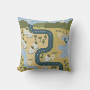 Stylish cartoon landscape vacation travel map throw pillow