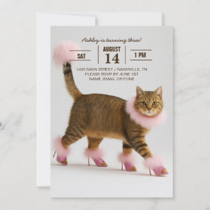 Stylish Cat in Pink Heels and Fluffy Glam Invitation