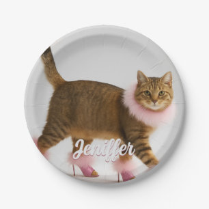 Stylish Cat in Pink Heels and Fluffy Glam Paper Plate