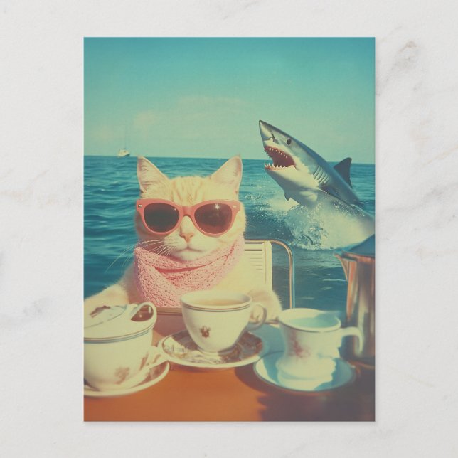Stylish Cat’s Ocean Tea Party Postcard (Front)