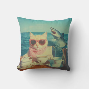 Stylish Cat’s Ocean Tea Party Throw Pillow