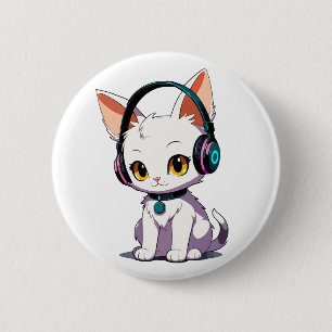 Stylish Cat Wearing Headphones 2 Inch Round Button