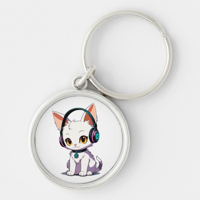 Stylish Cat Wearing Headphones Keychain (Front)