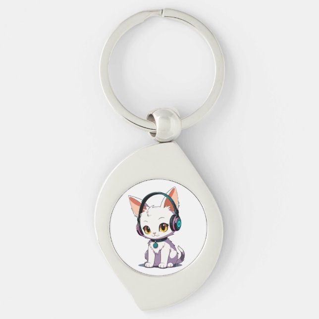 Stylish Cat Wearing Headphones Keychain (Front)