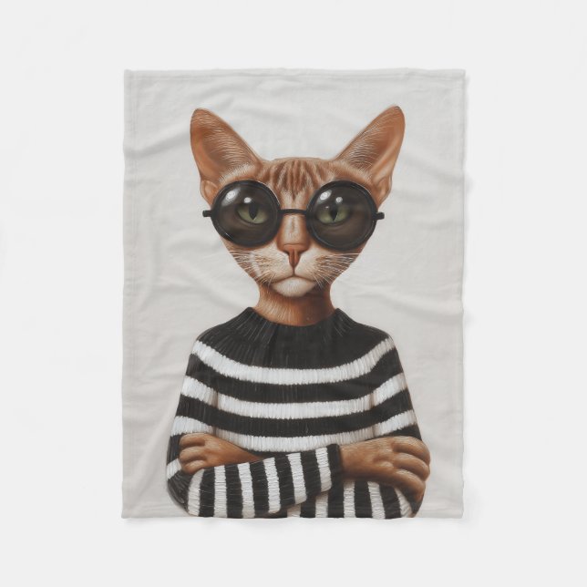 Stylish Cat With Round Glasses Fleece Blanket (Front)