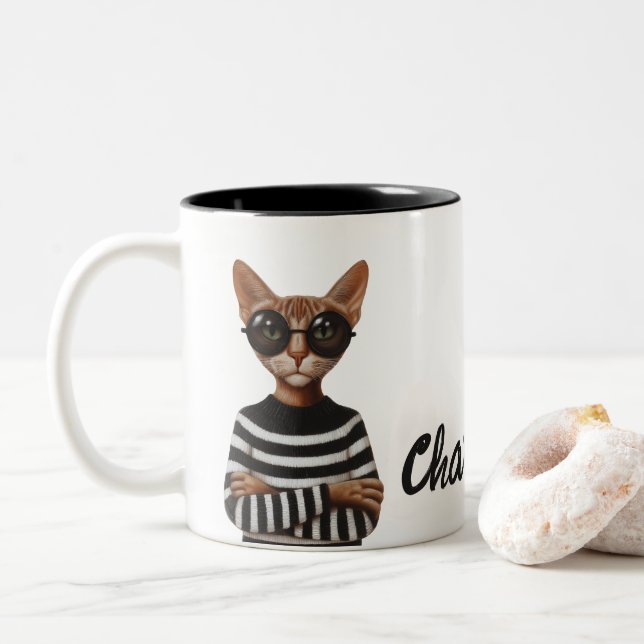 Stylish Cat With Round Glasses Two-Tone Coffee Mug (With Donut)