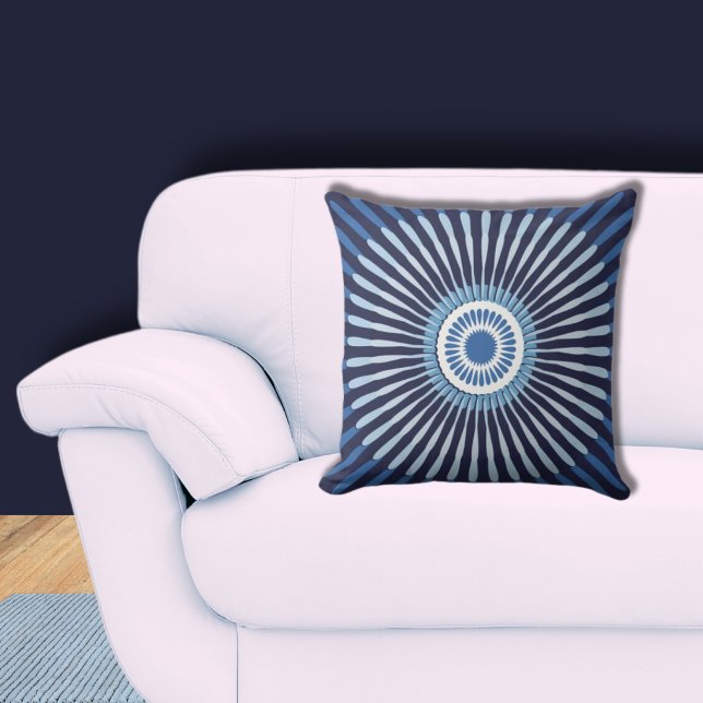 Stylish Centred Blue Star Flower Throw Pillow (Floral Star Pattern, Dark Blue Pillow)