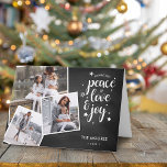 Stylish Chalkboard 3 Photo Collage Holiday Card<br><div class="desc">Celebrate the season with this modern and stylish holiday greeting card. The card features script typography playful "peace love and joy" overlaying a chalkboard with your favorite photo collage. Inside of the card can be customized or delete the text for a handwritten message.</div>
