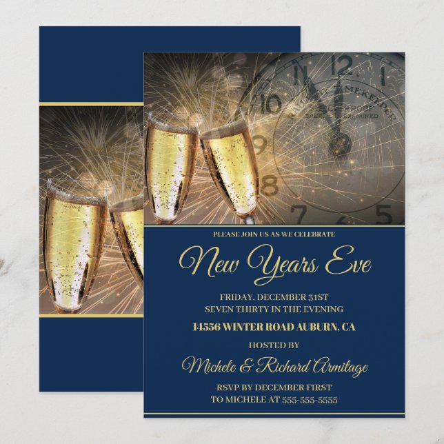 Stylish Champagne and Clock New Years Invitation (Front/Back)