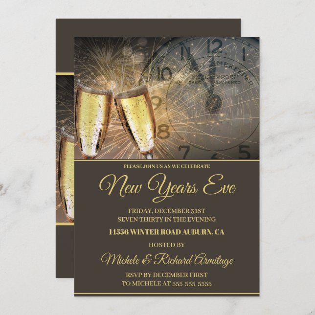 Stylish Champagne and Clock New Years Invitation (Front/Back)