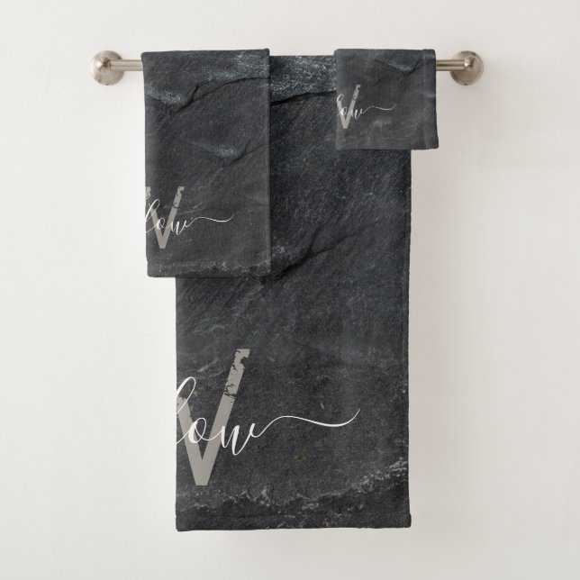Stylish Charcoal Grey Stone Script Monogram  Bath Towel Set (Insitu)