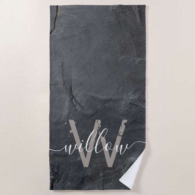 Stylish Charcoal Grey Stone Script Monogram  Beach Towel (Front)
