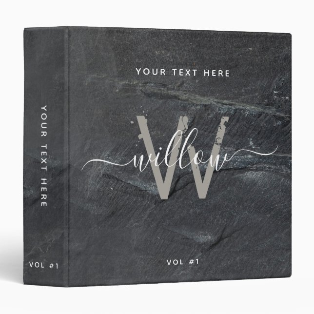 Stylish Charcoal Grey Stone Script Monogram Binder (Front/Spine)